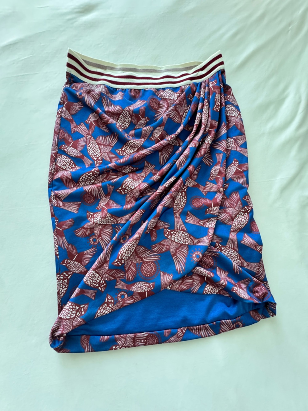 Zara Trafaluc Collection Blue Skirt with Burgundy Bird Print